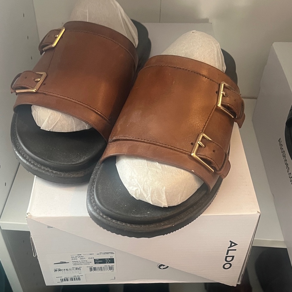 Aldo Men's Tan Slide Sandals with Buckles